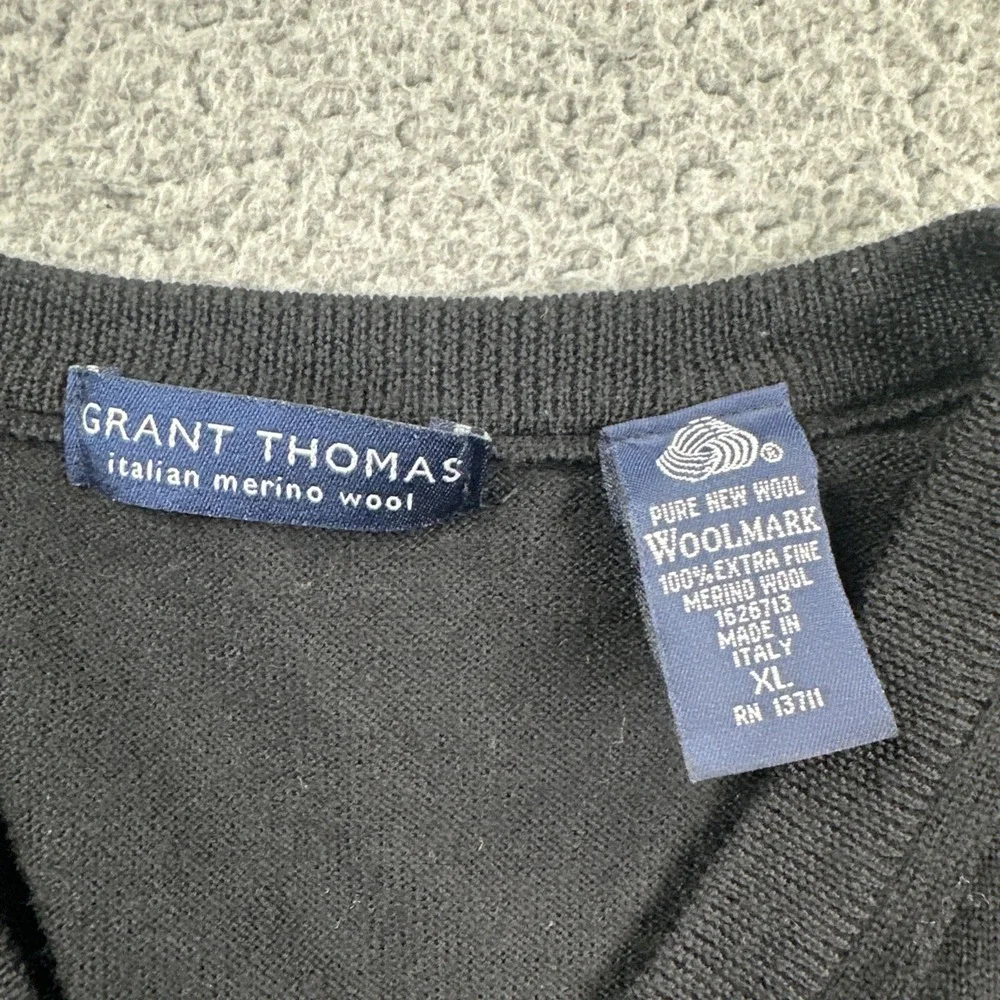 Grant Thomas Italian Merino Wool Sweater Vest Men XL Black V-Neck Made in Italy
